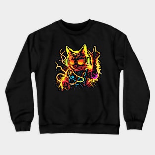 Cat DJ Decks 80's 90's Retro Neon Clubbers Rave Party Crewneck Sweatshirt